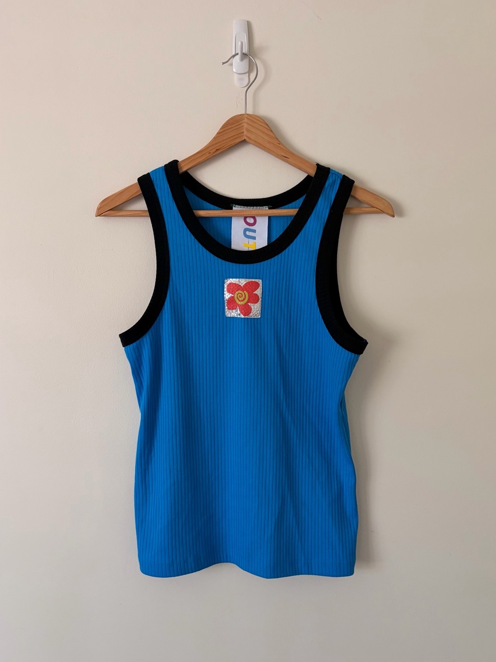 Bright Blue Ribbed Tank with Black Trim & Red Flower Patch